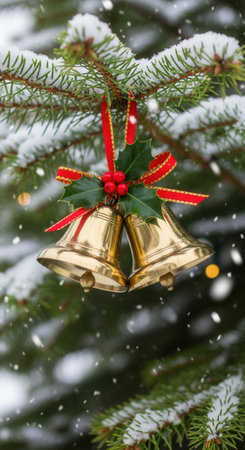 A pair of traditional jingle bells adorns a snow-covered pine tree outdoors. The festive decoration with red berries symbolizes the joy and spirit of the Christmas season during a snowfall.の素材
