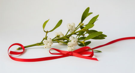 A sprig of mistletoe with white berries and a red ribbon bow on a white background. A traditional symbol of love and kissing, perfect for Christmas cards or holiday decorations.の素材