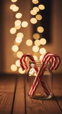 Glass jar with candy canes on a wooden table. Warm bokeh lights create a magical and festive atmosphere. Ideal for vertical holiday greeting cards or social media stories.の素材