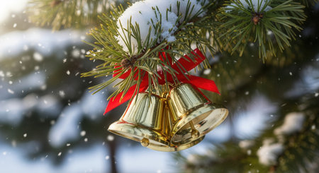 Golden Christmas bells hang on a snowy pine branch during a snowfall. This magical winter scene captures the spirit of the holidays. Ideal for seasonal greeting cards or festive website banners.の素材