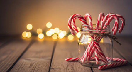 Jar of candy canes on a wooden table. Warm blurred bokeh lights in the background create a cozy festive atmosphere. Perfect for holiday cards or winter season designs.の素材