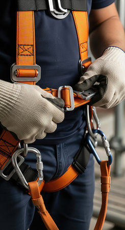 Worker adjusting safety harness before construction work, representing protection, security, and responsibility in industrial safety practices.の素材