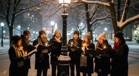 A group of young people sings Christmas carols by candlelight under a lamppost in a snowy park. This scene evokes a nostalgic and magical holiday spirit, perfect for seasonal greetings.の素材