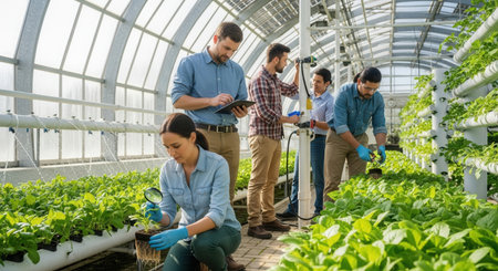 Agricultural scientists in a modern greenhouse inspect hydroponic plants with technology. Showcases sustainable farming. Ideal for agritech or food innovation topics.の素材