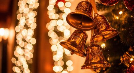 Close-up of golden Christmas bells hanging as a festive ornament. The warm, glowing bokeh lights in the background create a magical and celebratory atmosphere for the holiday season.の素材
