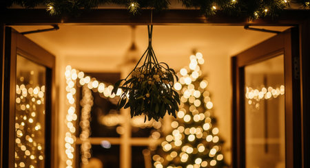 Mistletoe hangs in a doorway, with a Christmas tree's bokeh lights in the background. This romantic scene creates a magical, cozy atmosphere perfect for holiday party invitations.の素材