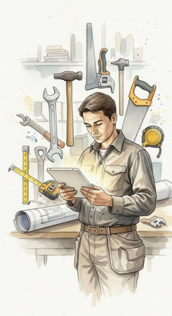Watercolor of a craftsman using a tablet, surrounded by tools. It blends tradition with technology, symbolizing innovation in construction and DIY, perfect for articles on smart homes or renovation.の素材