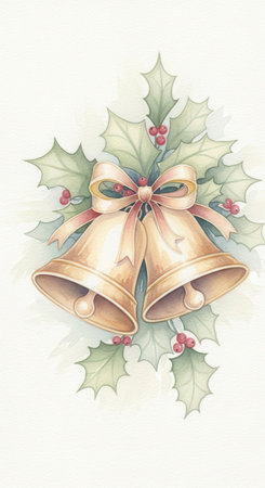 Watercolor of golden Christmas bells with a bow, holly, and berries. This classic artwork evokes a traditional holiday spirit, perfect for greeting cards, invitations, and other festive designs.の素材