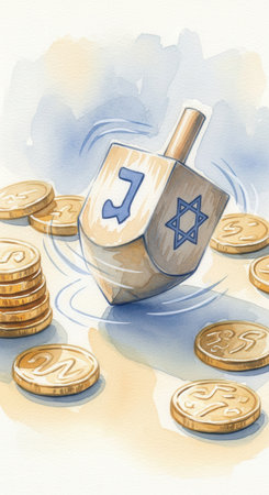 Watercolor of a spinning dreidel and gelt coins. The artwork captures the playful spirit of the Jewish holiday of Hanukkah, perfect for greeting cards, invitations, or festive cultural designs.の素材