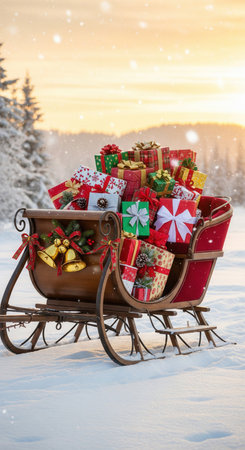 A wooden sleigh filled with colorful Christmas presents sits in a snowy landscape at sunset. The falling snow and warm light create a magical atmosphere, symbolizing the joy of holiday giving.の素材