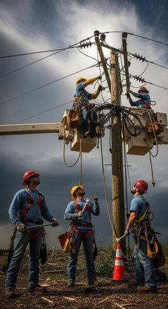 Skilled electricians work together to restore power infrastructure. These essential workers brave dangerous conditions on the ground and at height to maintain the electrical grid for our community.の素材