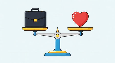 A vector icon showing scales in equilibrium between career and personal life. This powerful metaphor for modern challenges is perfect for presentations on health, stress, and well-being.の素材
