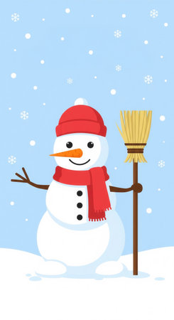 Cute snowman with red hat and scarf holding broom amid snowflakes, symbolizing warmth and holiday cheer. Ideal for winter greeting cards, seasonal designs, and cheerful posters.の素材