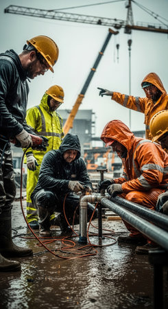 Professional builders work together on pipes in the pouring rain. This powerful photo shows the determination of the workforce, perfect for themes of perseverance and commitment.の素材