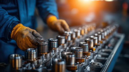 Close up of a worker assembling a car engine in a factory. This detailed shot shows precision engineering and skilled labor in manufacturing. Perfect for automotive or industrial themes.の素材
