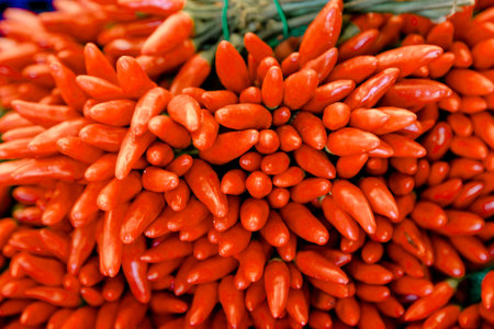Fresh red chili peppers displayed in bunches at a market stall, symbolizing spicy food, organic farming, seasonal harvest, natural nutrition and cooking ingredient visuals.の写真素材