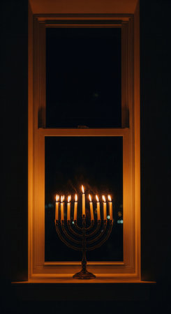 A lit menorah sits in a window at night, its candles glowing warmly. This image represents the tradition of sharing the festival's light. Perfect for themes of faith, hope, and Hanukkah.の素材