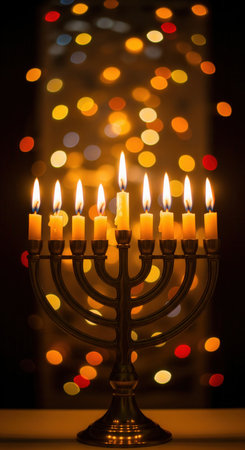 A glowing Hanukkah menorah with all nine candles lit against a colorful bokeh background. This vibrant image celebrates the Jewish Festival of Lights. Perfect for festive holiday greetings.の素材
