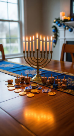 A dining table is set for Hanukkah with a litorah, dreidels, and gelt. The cozy home setting evokes festive warmth and family tradition. Ideal for holiday greetings and cultural content.の素材