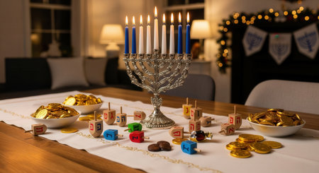A table set for Hanukkah with a lit menorah, colorful dreidels, and bowls of chocolate gelt. This warm, festive scene is ready for a joyful celebration. Perfect for holiday greetings.の素材