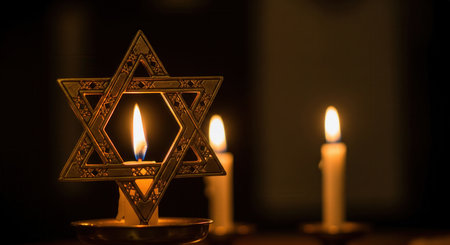 A Star of David symbol with burning candles on a dark background. The warm candlelight creates a solemn and spiritual atmosphere, symbolizing faith, remembrance and tradition.の素材