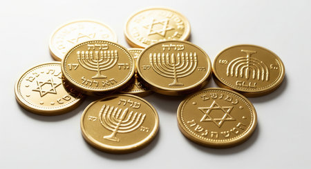 Close-up of golden Hanukkah gelt coins on a white background. The coins feature traditional symbols like the menorah and Hebrew text. This image represents the festive joy of the Jewish holiday.の素材
