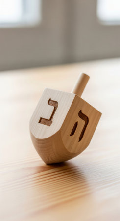 Close-up of a wooden dreidel with Hebrew letters on a light wood table. This traditional toy symbolizes the Hanukkah holiday. The clean, modern aesthetic is ideal for cultural content.の素材
