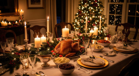 Elegant Christmas dinner table with roasted turkey, candles, and traditional festive dishes. Cozy holiday atmosphere symbolizing warmth, family gathering, and joyful celebration.の素材