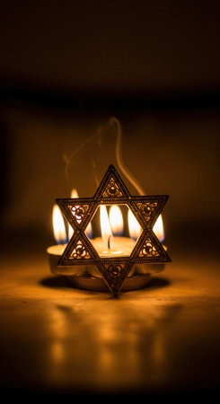 An ornate Star of David is illuminated by the warm glow of burning tea lights against a dark background. The scene evokes a deep sense of spirituality, faith, and solemn remembrance.の素材
