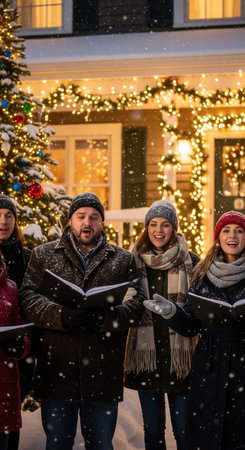 People singing Christmas carols together outside decorated house on snowy winter evening, representing festive warmth, unity and joyful spirit of holiday season.の素材