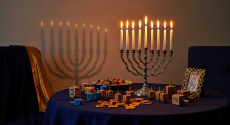 A traditional Hanukkah scene with a lit menorah, dreidels, and gelt on a table. The warm candlelight creates a festive mood, celebrating the Jewish Festival of Lights. Perfect for holiday cards.の素材