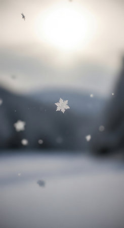 Macro view of a single snowflake falling gently in soft winter sunlight over blurred snowy landscape. Minimalistic composition symbolizing peace, purity and beauty of the cold season.の素材