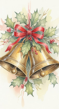 Watercolor of golden bells with holly and a red bow. This classic artwork has a traditional, festive spirit. Ideal for elegant greeting cards, invitations or sophisticated holiday decor.の素材