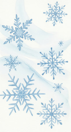 A vertical watercolor background with hand-painted blue snowflakes. The delicate design on textured paper creates a gentle, artistic winter mood. Perfect for holiday cards or social media stories.の素材