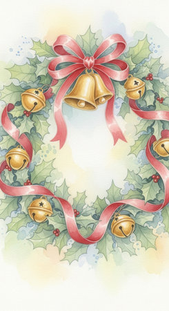 A beautiful hand-painted watercolor frame made of a Christmas wreath. This elegant illustration is perfect for creating classic holiday stationery and high-quality seasonal designs.の素材