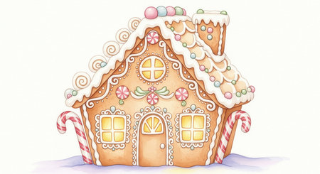 A watercolor illustration of a Christmas gingerbread house. Decorated with icing and colorful candies, it sits in the snow with glowing windows, creating a cozy fairytale mood. Ideal for holiday cardsの素材