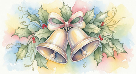 Watercolor of silver bells with holly and a bow on a colorful background. The artistic painting has a gentle, festive spirit. Ideal for elegant greeting cards or beautiful seasonal invitations.の素材