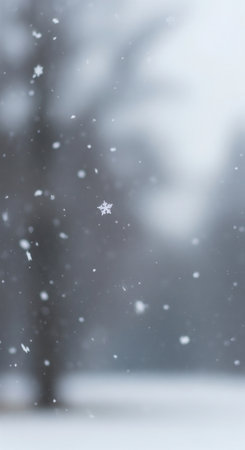 Closeup of a single perfect snowflake suspended in the air during a snowfall. The soft, blurred winter scene creates a peaceful and serene mood. Ideal for minimalist designs or mobile wallpapers.の素材
