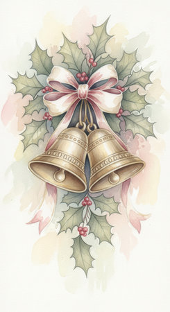 Golden Christmas bells with a festive ribbon and holly. This traditional artwork evokes a classic holiday spirit. Ideal for creating vintage greeting cards, invitations, or posters.の素材
