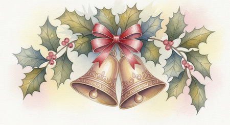 Watercolor of golden bells with holly leaves and a red bow. This classic artwork has a traditional, festive spirit. Ideal for elegant greeting cards, invitations or sophisticated holiday decor.の素材