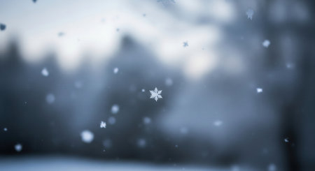 Closeup of a single perfect snowflake falling against a blurred winter forest background. The image evokes a feeling of tranquility and cold beauty. Perfect for holiday designs or nature themes.の素材