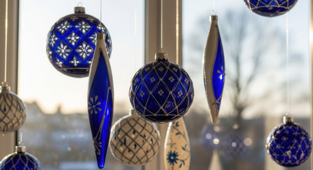 Elegant blue and white glass ornaments hanging in a window with natural daylight. This modern decoration creates a sophisticated and festive winter mood. Perfect for stylish holiday decor themes.の素材