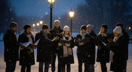 Choir singing Christmas carols in a snowy park at night. The falling snow and warm lamplight create a magical and timeless mood. This image captures the spirit of holiday tradition.の素材