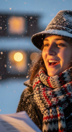 Close-up of a happy young woman singing Christmas carols outdoors in the snow. Her face is warmly lit, creating a joyful and heartwarming holiday mood. Perfect for seasonal greetings.の素材