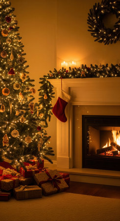 A beautifully decorated living room with a glowing Christmas tree and a warm fireplace. The scene evokes a cozy and peaceful holiday atmosphere. Ideal for seasonal greetings or festive backgrounds.の素材