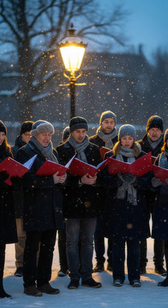 A choir sings Christmas carols on a snowy winter evening. People stand under a glowing lamppost, creating a festive mood. This image evokes community spirit and holiday tradition.の素材