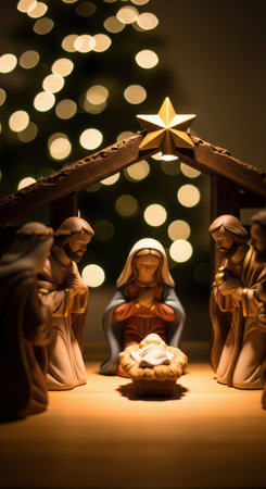 A traditional Christmas nativity scene with figurines of the Holy Family. Set against warm bokeh lights, this image evokes peace and faith. Ideal for religious holiday cards or social media stories.の素材