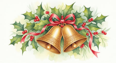 Watercolor of golden bells with holly and a red ribbon. This classic artwork has a traditional, festive spirit. Ideal for elegant greeting cards, invitations or sophisticated holiday decor.の素材