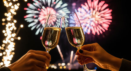 Two hands clinking champagne glasses against a night sky with colorful fireworks. A romantic moment of celebration on New Years Eve. Perfect for greeting cards and party invitations.の素材