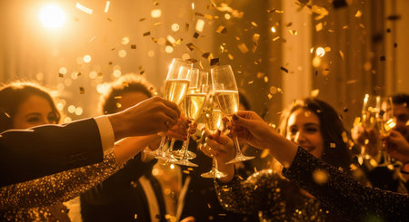 Friends clinking champagne glasses under a shower of golden confetti. This warm, glamorous scene captures the joy of a New Year's Eve party. Ideal for luxury event invitations and promotions.の素材